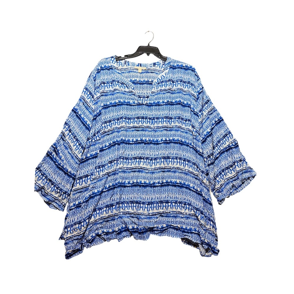 Woman Within Tunic Top Women 5X Blue White Printed Rayon V-Neck 3/4 Sleeve